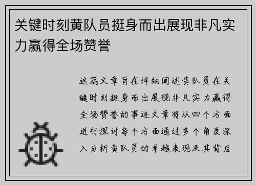 关键时刻黄队员挺身而出展现非凡实力赢得全场赞誉